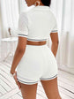 Waffle-Knit Collared Neck Cropped Top And Shorts Set