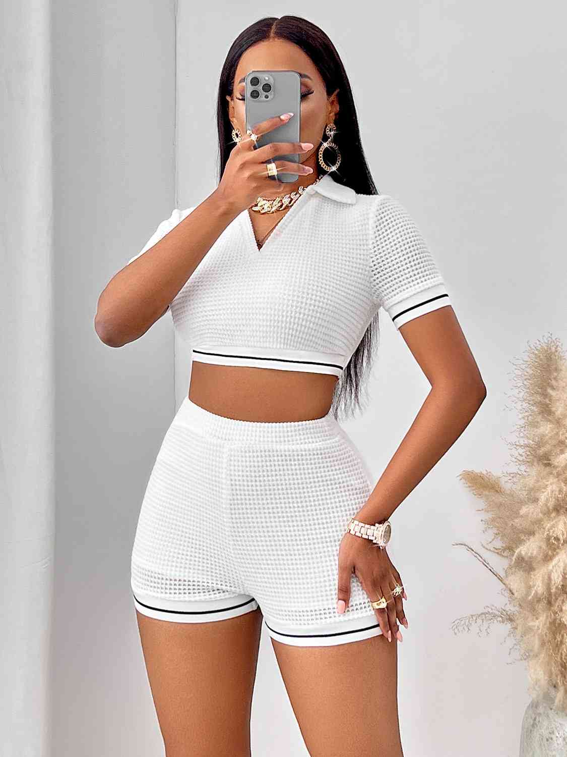 Waffle-Knit Collared Neck Cropped Top And Shorts Set