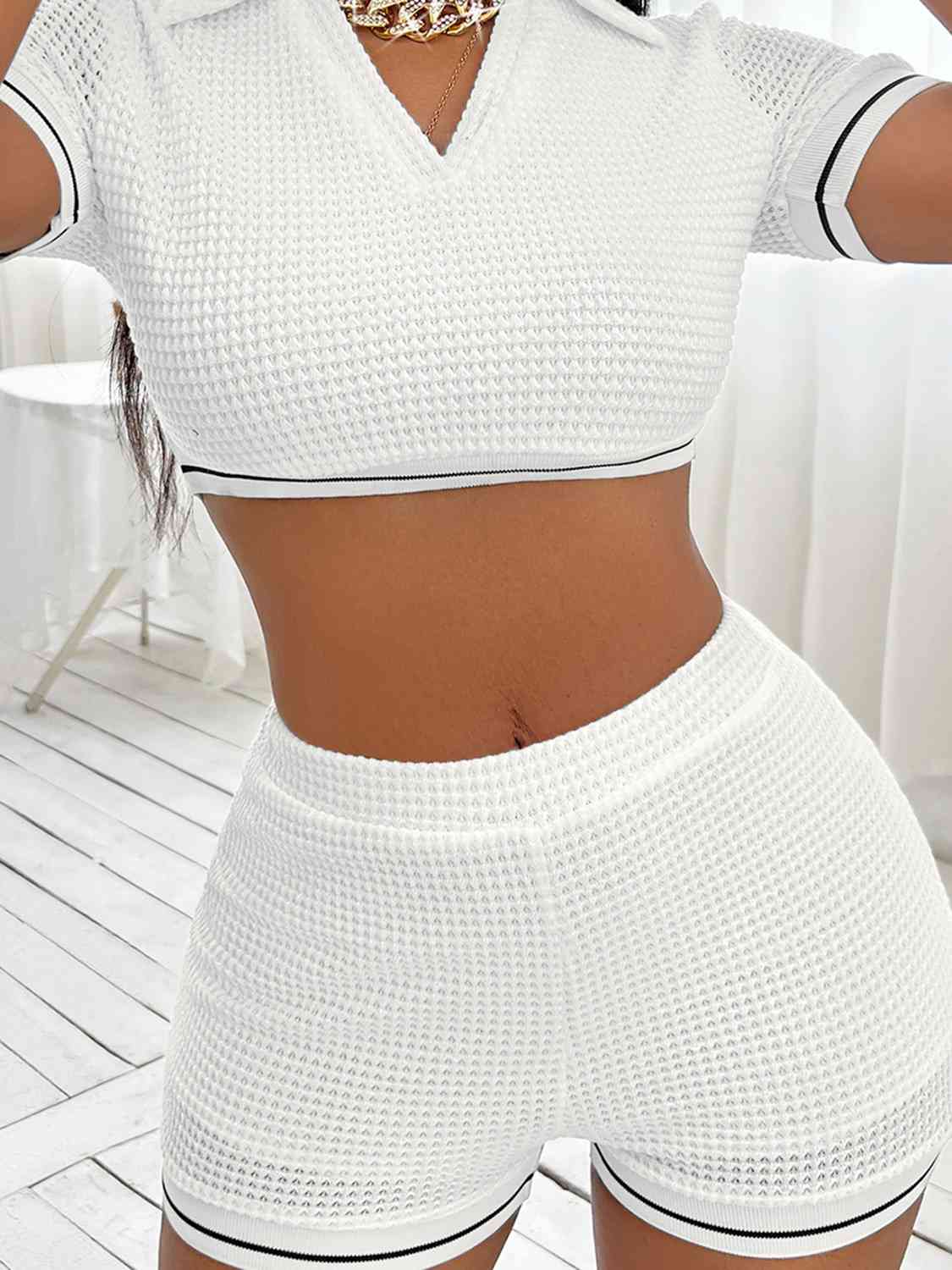 Waffle-Knit Collared Neck Cropped Top And Shorts Set