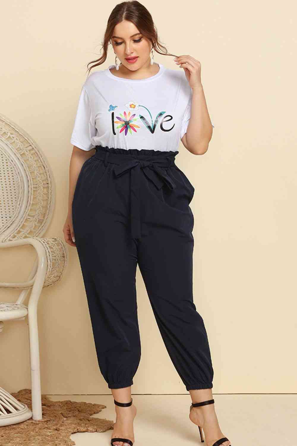 Graphic Tee And Belted Paperbag Joggers Set