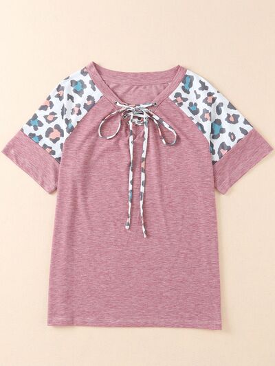 Lace-Up Leopard Short Sleeve T-Shirt